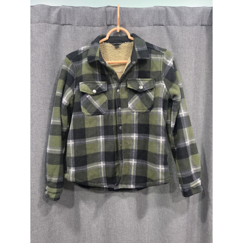 Eddie Bauer Boys Sherpa Lined Plaid Flannel Shirt Jacket Green Black Size 10/12